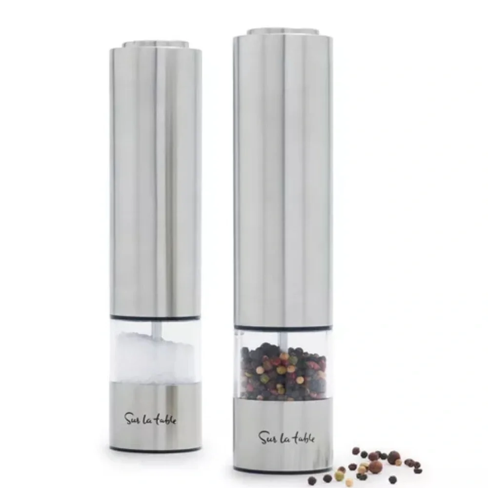 New! Sur La Table ELECTRIC Stainless Steel Salt & Pepper Mill Set of 2